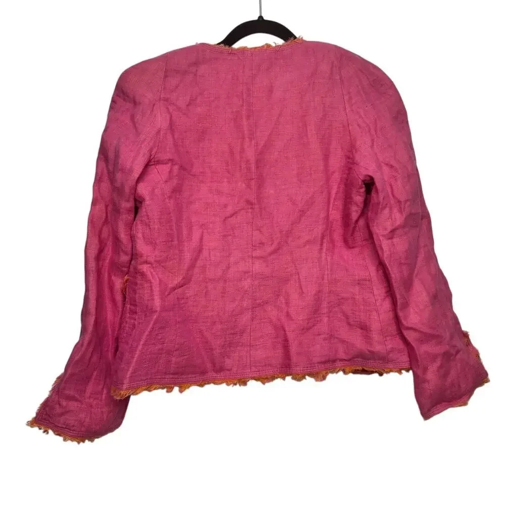 Anne Klein Linen Blazer Pink Orange Fringe Petite 6P Shoulder Pads‎ Y2K Revival